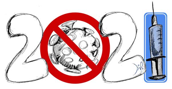 2021 is written out in a sketched font. In place of the 0 is a virus with the red "No" symbol stamped over it, and in place of the 1 is a vaccine syringe. March 2020-March 2021: A Year of COVID